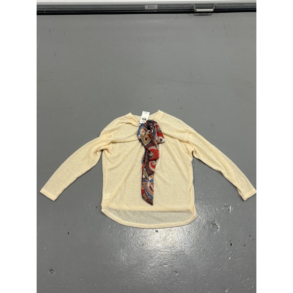Blu‎ Pepper Cream Long Sleeve Knit Top Paisley Scarf Tie Accent D9ST1105 Small